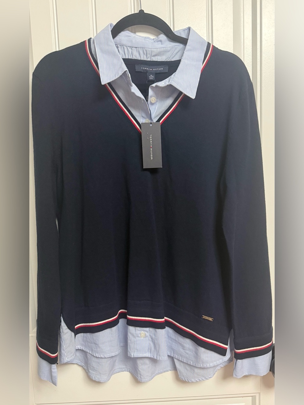 Tommy Hilfiger Navy V-Neck Sweater with Red and White Trim
